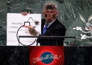 تصویر فتوشاپی نتانیاهو که خط قرمز ایران را بر روی بمب کارتونی مجموعه لونی تونز ترسیم می کند. منبع تصویر: العربیه.